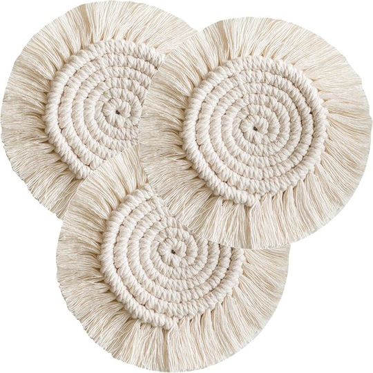 3pcs Braided Cotton Coaster Coasters Coffee Beer Mug Mat with Tassels Boho Table Decoration for Bar Restaurant