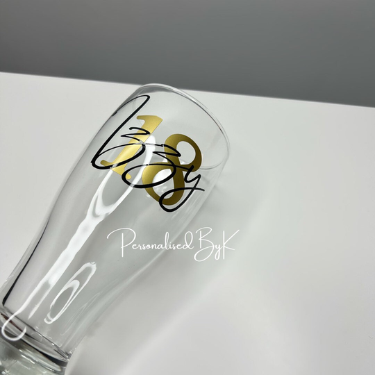 Personalised Name & Age Beer/Pint Glass, Blue Green Gold White Black Any Colour/Name/Age 18, 21, 30, 40, 50, 60 Gift, Birthday, Keepsake, Party
