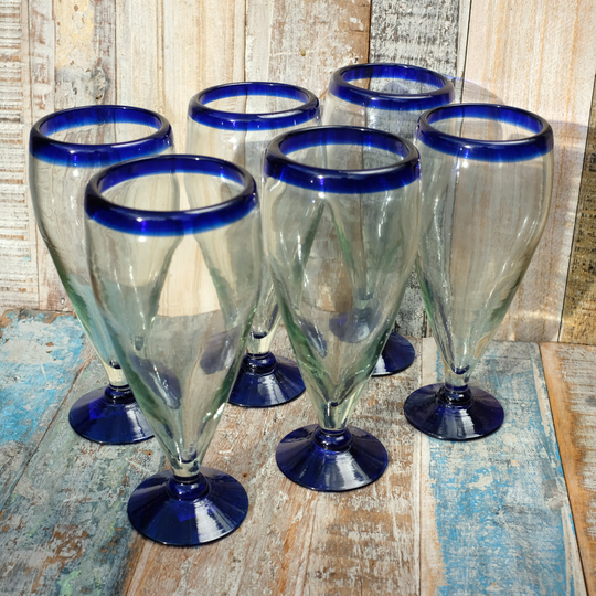 Mexican Recycled Blue Rim Beer Glass X 6