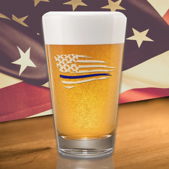 Thin Blue Line Flag Pint Glass, Police Beer Etched Glassware, Craft Mancave Barware