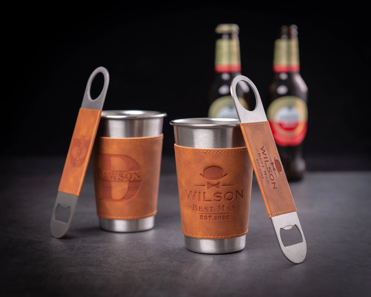 Personalized Beer Mugs With Leather Can Holder, Engraved Bottle Opener, Groomsmen Gifts, Wedding Party Best Man Gift, Groom Gift