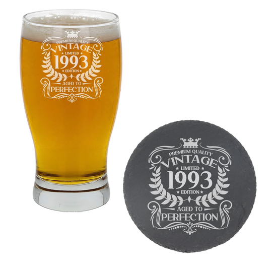 Vintage 1993 Engraved Beer Pint Glass - 30Th Birthday Aged To Perfection 30 Year Old Gifts Cider Lager Tulip & Coaster Set