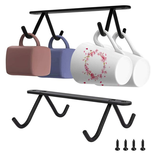 2 Pcs Hanging Mug Holder Hook Cup Hanging Coffee Cup Holder Under Cabinet Cabinet with 4 Screws for Mugs Coffee Cups Beer Mugs - Black