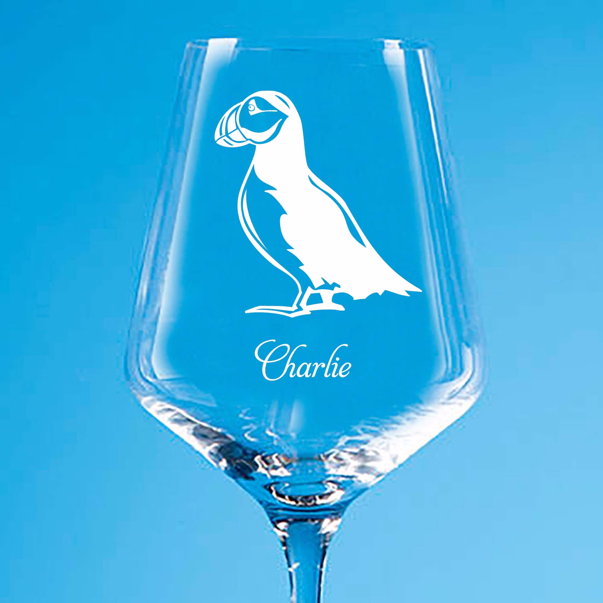 Personalised Puffin Wine Glass, Glass Gift, Whisky Engraved Beer Highball Gift