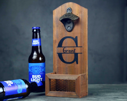 Personalized Beer Opener For Father's Day, Custom Wall Mounted Beer Bottle Opener With Cap Catch, Natural Wood, Gift Dad Por310 Brown