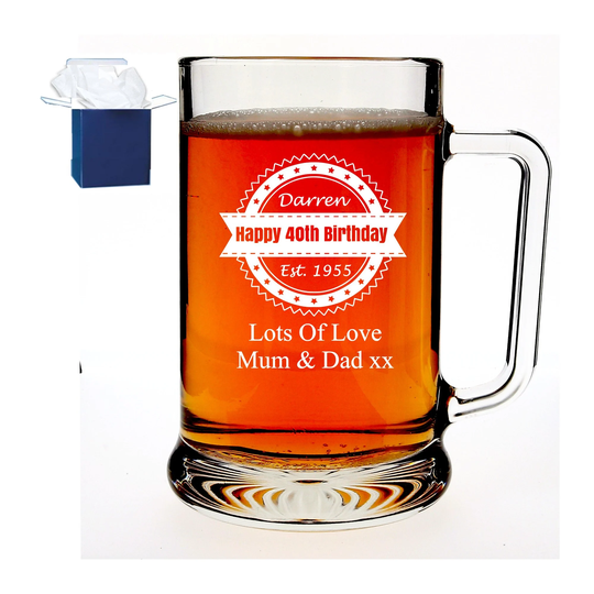 Personalised Tankard Glass - Personalized Birthday Gift For Him Men Engraved Pint Beer Mug Boyfriend Husband 21st, 30Th, Any Age