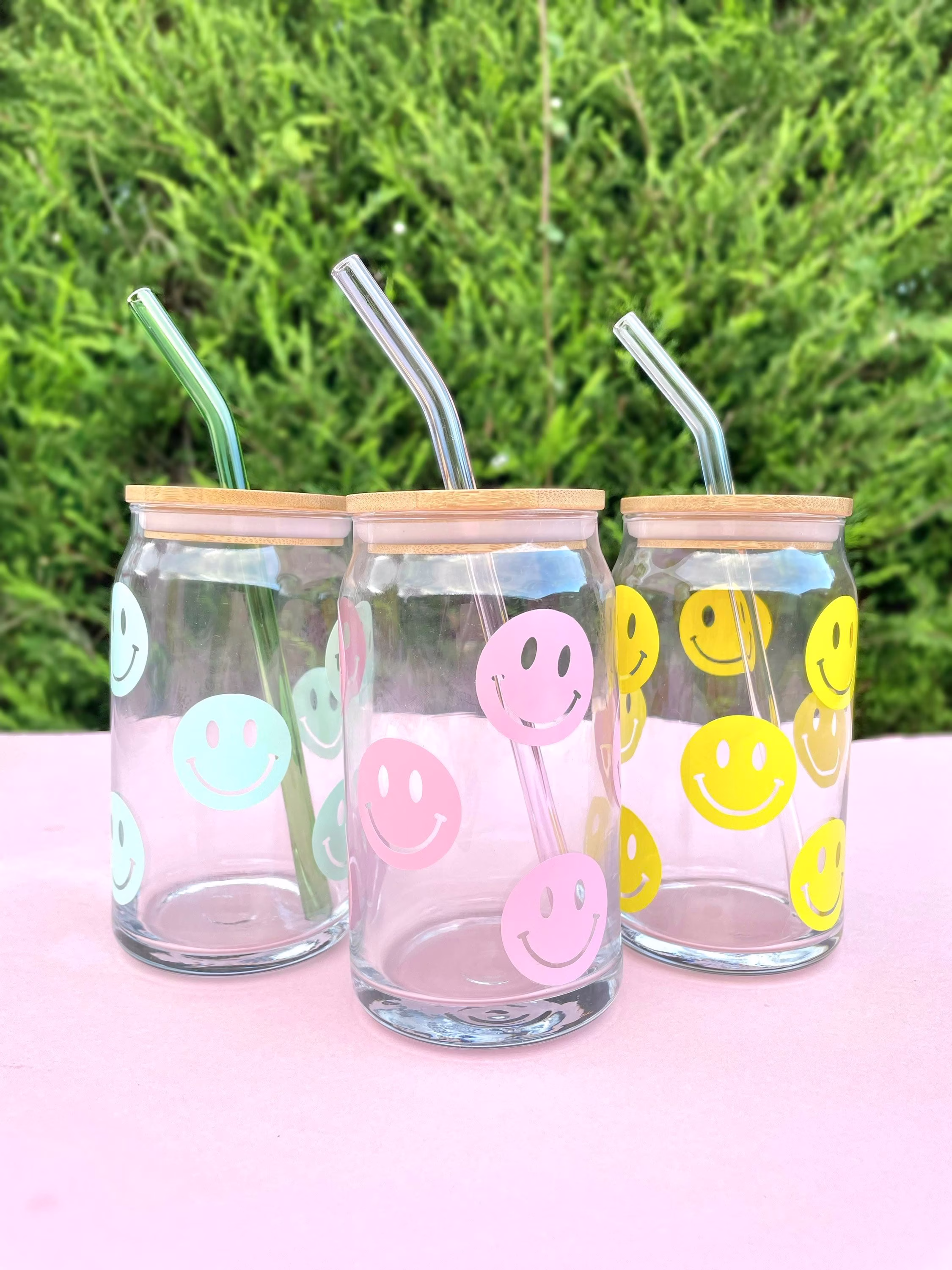 Smiley Face Bamboo Lid Can Glass Drink | 16Oz Cup Gift Personalised Includes Glass Straw Valentines Tumbler Beer Mug Gal