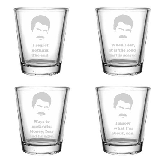 Ron Swanson Gift Set Shot Glass Of 4 Parks & Rec Fan, Quotes, Whiskey, Father's Day