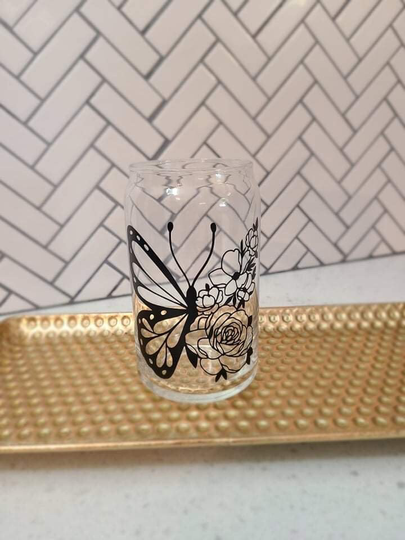 Floral Butterfly Iced Coffee Cup-Glass Can Cup-Custom Cup-Cute Stocking Stuffers-Reusable Cup-Christmas Gift For Her
