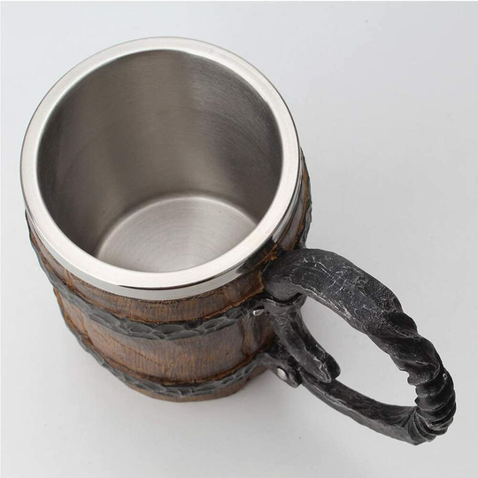 Wooden Barrel-Beer Mug, 650 ml Wood Stainless Steel Cup, Carving Beer Mug, Double Wall Cocktail Mug for Bar Restaurant, Handmade Retro Brown, Gift
