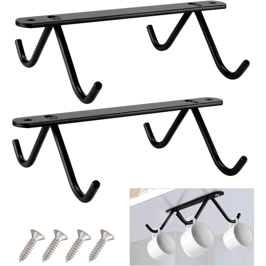 Set of 2 metal cups in hanging under closet, storage shelf with 8 suspension hooks for mugs, coffee cups, beer glasses, kitchen utensils