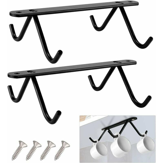 Set of 2 Hanging Cup Holders with 4 Screws for Coffee Mugs and Beer Mugs - Black