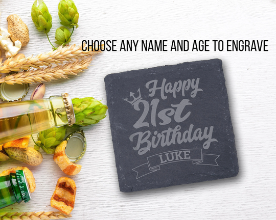Personalised Slate Birthday Coaster, Gift For Milestone Birthday, Custom Engraved 21st Him, Bar Coaster