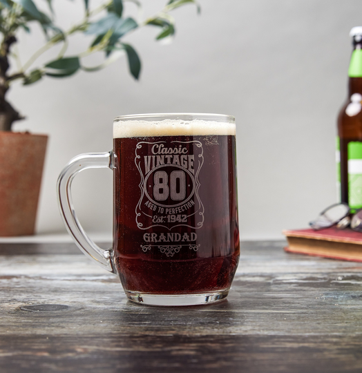 80Th Classic Vintage Beer Mug, Personalized Gifts For Dad, Birthday Gift Him, Glass, 70Th Birthday, 40Th Birthday