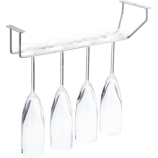 Wine Glass Holder For 4 Glasses, Stainless Steel Look, Stem Goblet Rack, Bar, Kitchen, Rail, 33.5 cm, Silver - Relaxdays