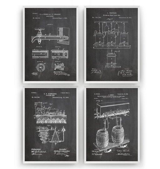Brewing Beer Set Of 4 Patent Prints, Wall Art Poster Pub Decor Gifts