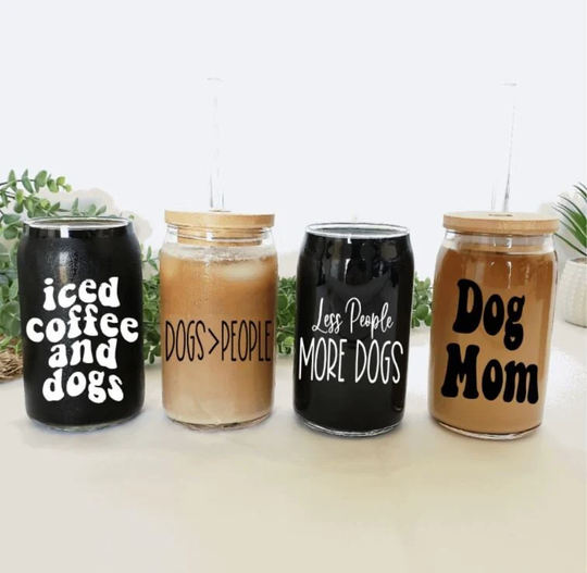Dog Lover Glass Cans/Beer Can With Lid & Straw/Iced Coffee Glass/Beer Glass/Iced & Dogs Glass/Boho Iced