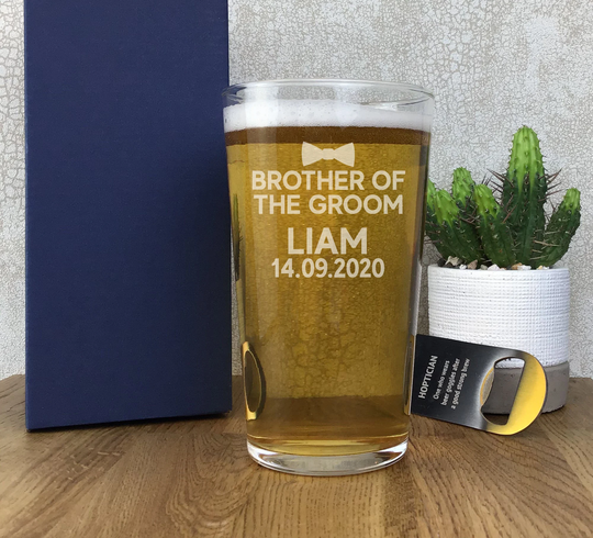 Engraved Brother Of The Groom Pint Glass Wedding Gift, Personalised Beer Glass, Gift Boxed, Bow Tie - Spt-Wd4