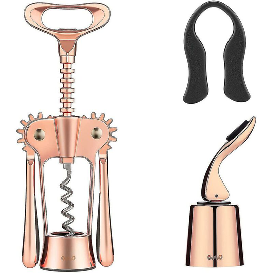 Wing Corkscrew with Wine Foil Cutter and Wine Stoppers Used in Kitchen, Restaurant, Chateau and Bars in Rosegold Stainless Steel