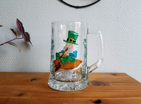 Irish Leprechaun Hand Painted On A Beer Glass