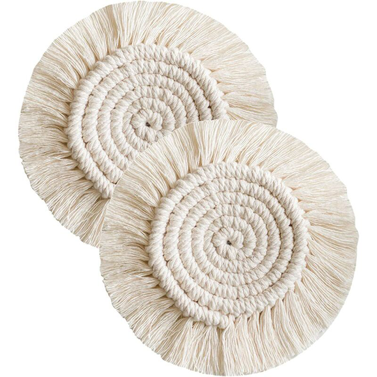 Coaster Braided Cotton Coaster Coffee Beer Mug Mat with Tassels Boho Table Decoration for Bar Restaurant (2 piece