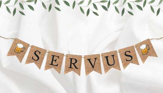 Oktoberfest Decoration, Serve Us Beer Garland, Mugs Banner For Birthday Baby Shower, Vintage Servus Bunting