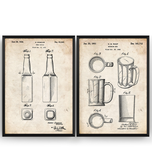 Beer & Bottles Set Of 2 Patent Prints, Pub Restaurant Wall Art Blueprint Poster Decor Gifts