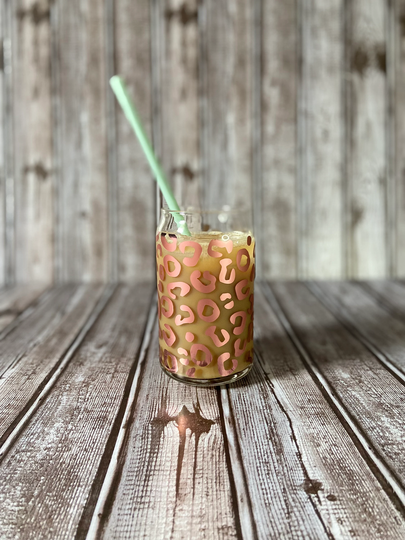 Leopard Rose Gold Mirror Chrome Designed Can Shaped Libbey Glass, Iced Coffee Beer Glass