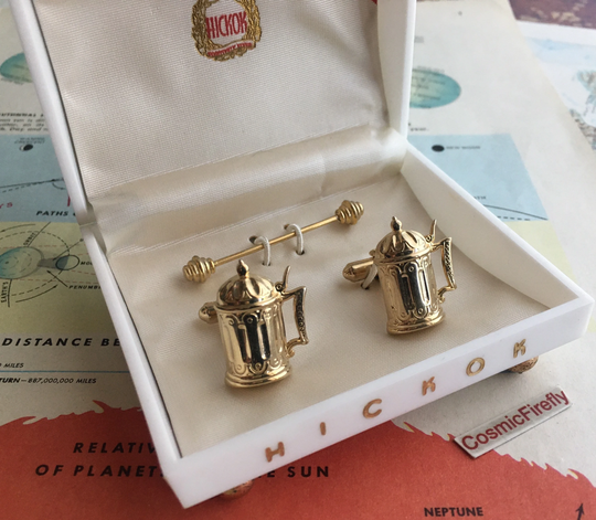 1950's Vintage Beer Stein Cufflinks Octoberfest Drinking Gift Mug Gold Tone Fancy Original Hickok Box