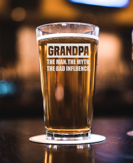 Grandpa The Man Myth Bad Influence Beer Pint - Funny Gift For
