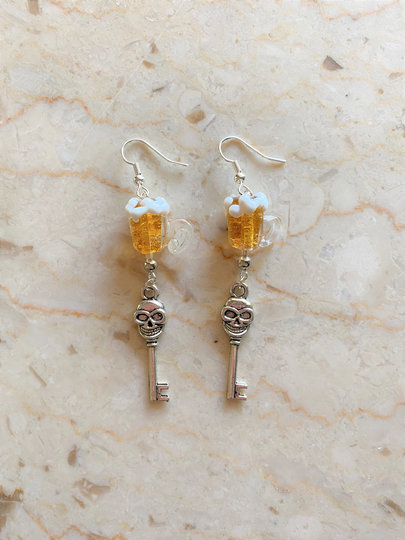 Ghoulish Beer Mug Lamp Work Earrings With Skull Key Charm - Gift For Woman Halloween Fashion Birthday Unique Gifts