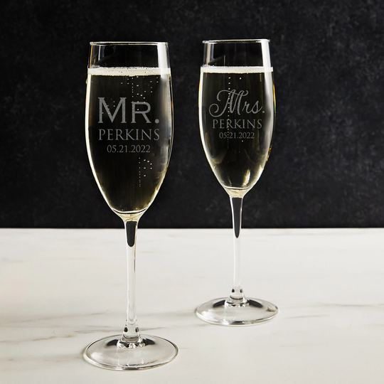 Pair | 2 Engraved Personalized Mr. & Mrs. Champagne Glasses By Lifetime Creations Wedding Gift, Bride Groom, Engagement Ships Fast