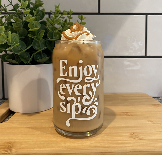 Enjoy Every Sip Glass, Iced Coffee, Glass Coffee Cup, Beer Can Shape 16 Ounces
