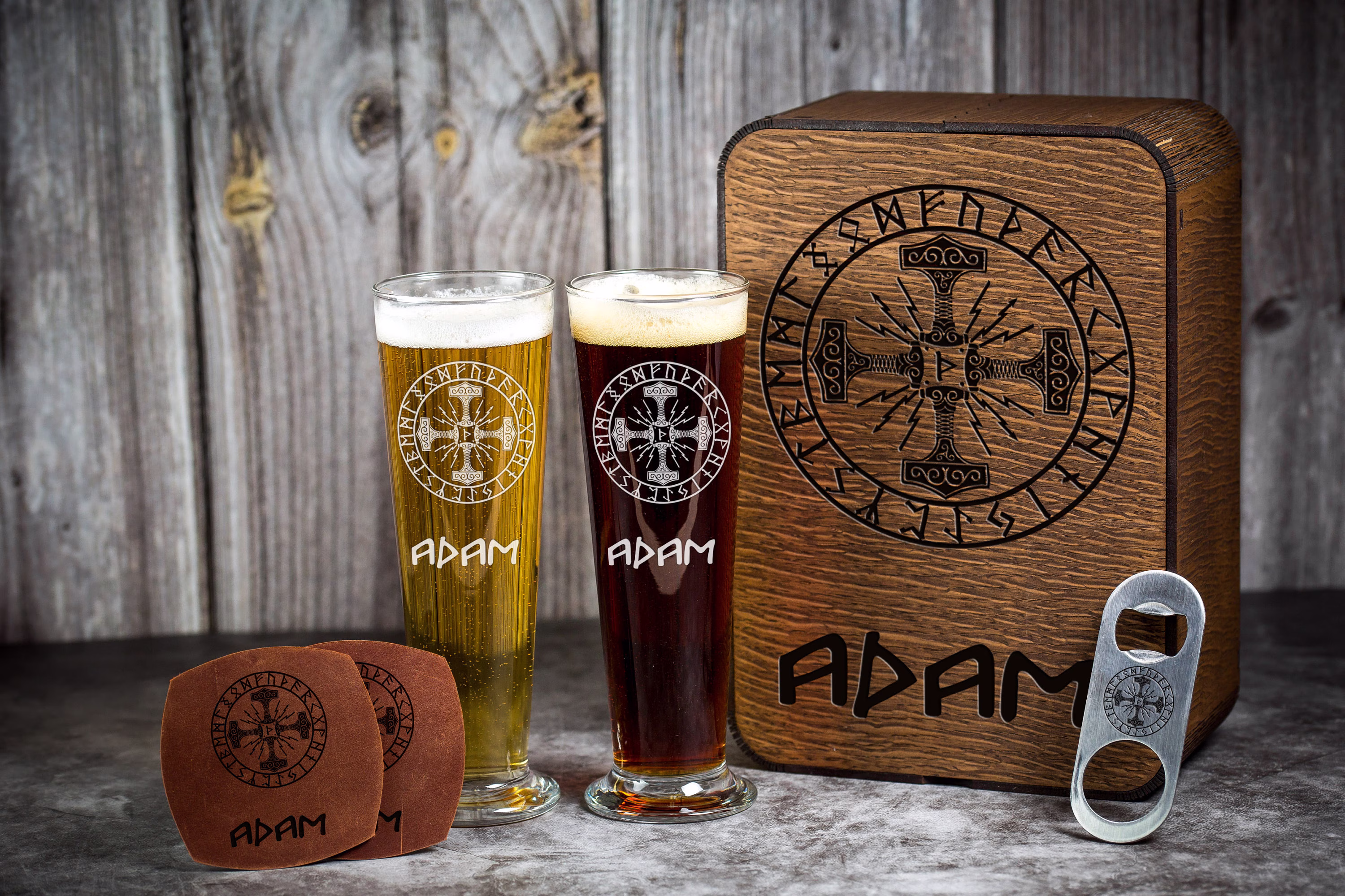 Beer Glass With Viking Logo, Viking Compass Engraving, Custom Glass, Runes, Personalised Pint Glasses, Hammer