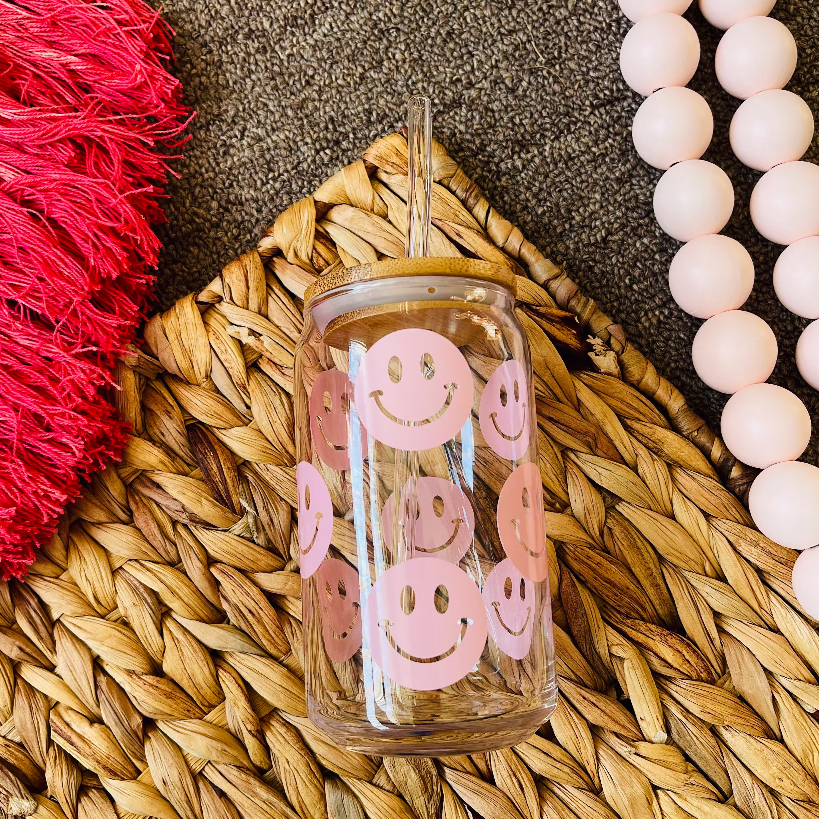 Smiley Faces Beer Can Glass | Christmas Gift For Coffee Lovers Aesthetic Iced Cup 16Oz Happy Face