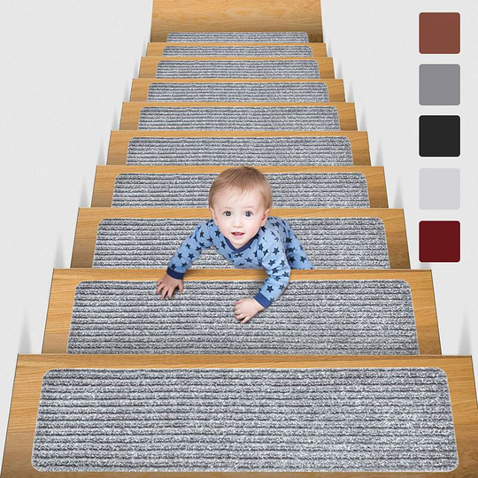 Set of 15 Stair Walkers, 20 x 65cm Non-Slip Safety Mat Indoor Non-Slip Rug for Children, Seniors and Pets with Reusable Adhesive, Light Gray