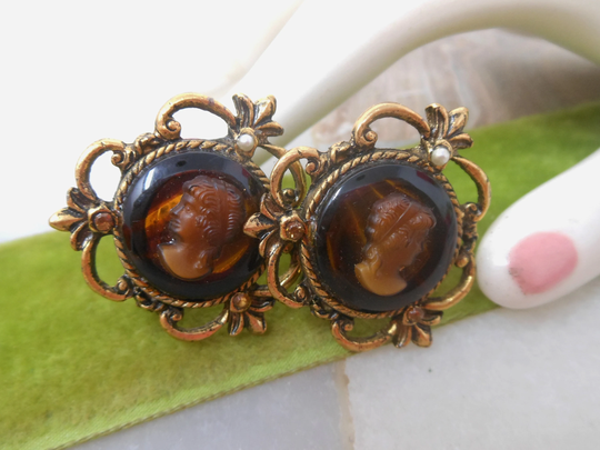 Vintage Glass Cameo Earrings Clip On Chunky Rhinestone Pearl Ornate Regency Revival Mid Century Jewelry Gift, Vivianjoel.com