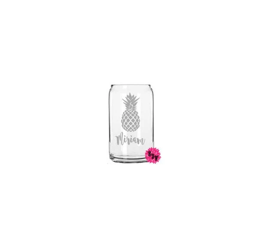 Beer Can Glass, Engraved Pineapple 16Oz. Pint Etched Personalized Glass Can