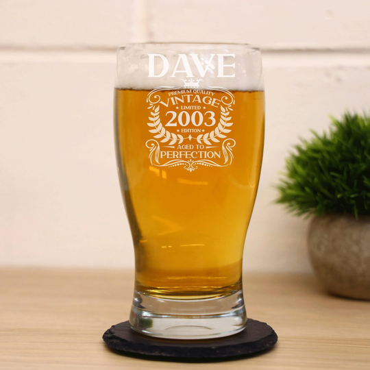Vintage 2003 Engraved Beer Pint Glass - 20Th Birthday Aged To Perfection 20 Year Old Gifts Cider Lager Tulip & Coaster Set