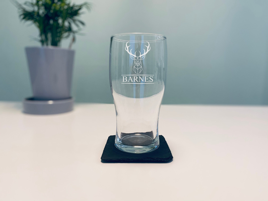 Traditional Custom Engraved Tulip Beer Pint Glass With Coaster | Laser Etched Personalised Deer Stag Head Design