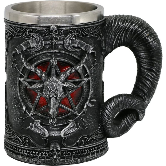 Baphomet Head Medieval Beer Mug - Sabbatical Goat Pentagram Drinking Tankard 420ml Stainless Steel Wine Coffee Mug Novelty Gothic Father's Day Gift