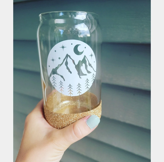 Mountain Scene Beer Can Glass - Coffee Iced Custom Glass Cup - Moon - Mountains - Soda Can - Glitter Dipped