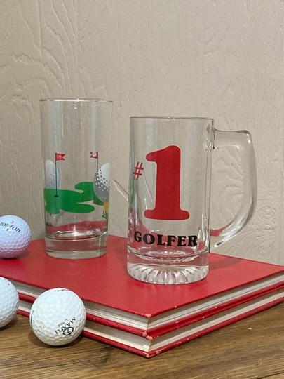 Pair Of Vintage Golf Themed Bar Glasses ~ #1 Golfer Beer Mug 19Th Hole Tumbler Sports Gift Mismatched Highball &
