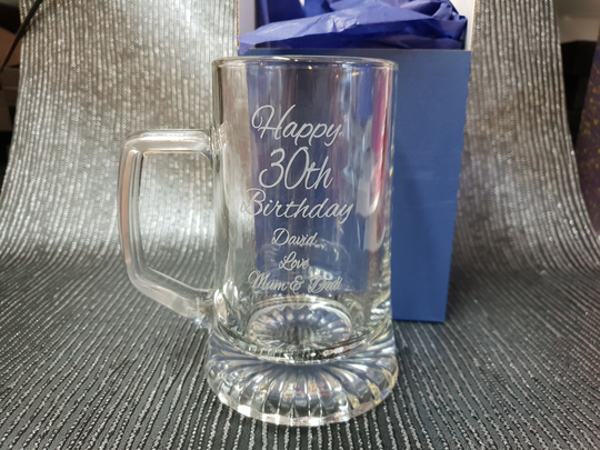 Engraved Large Stern Tankard, 0.51 Litre. Best Laser Engraving Available No Glass Splinters. For Any Ocaision All Text Can Be Customised