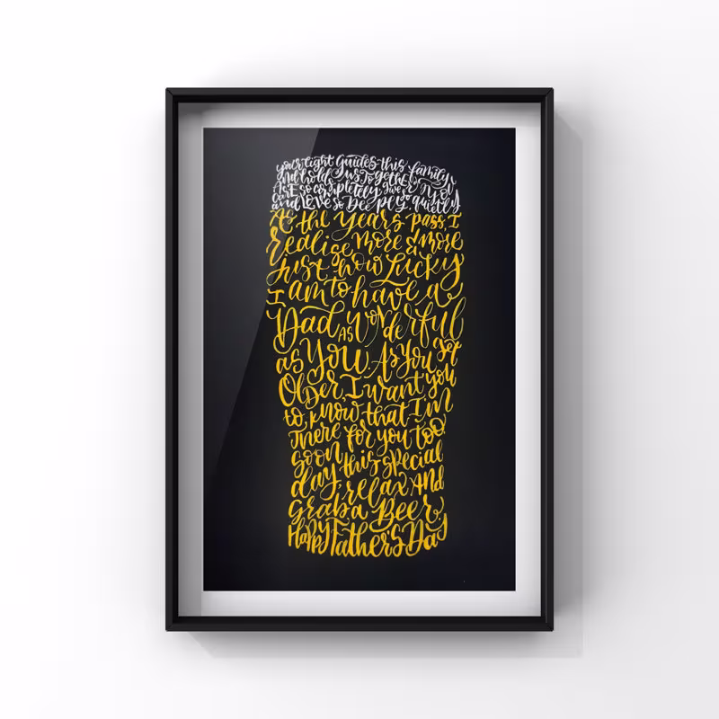 Handwritten Lager Pint Golden Beer Personalised Calligram/Calligraphy Art A4 Father's Day/Dad Gift