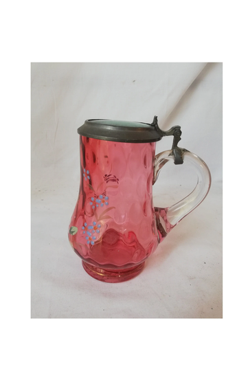 Pink Glass Mug With Hand-Painted Flowers. Original Gift For Children. Vintage From Hungary