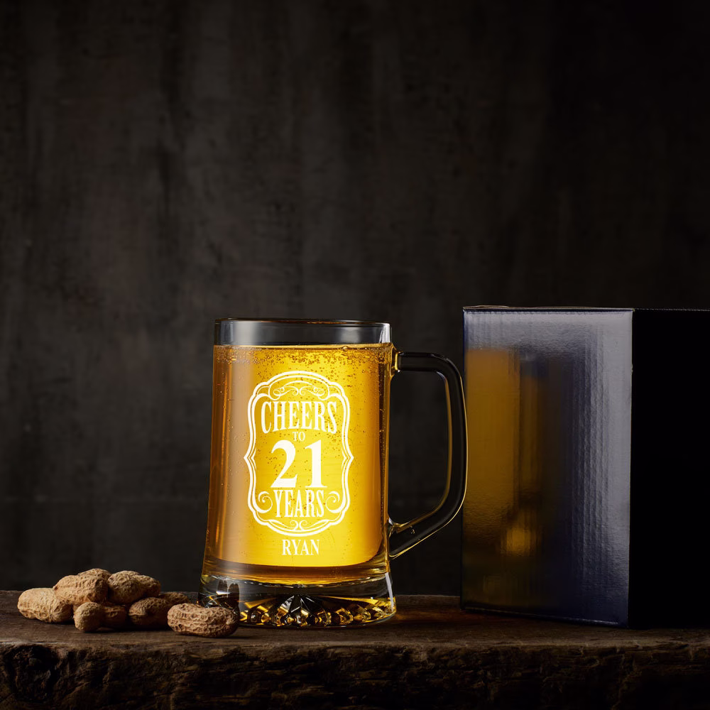 Cheers To 21 Years Birthday Gift Personalised Engraved Glass Beer Tankard