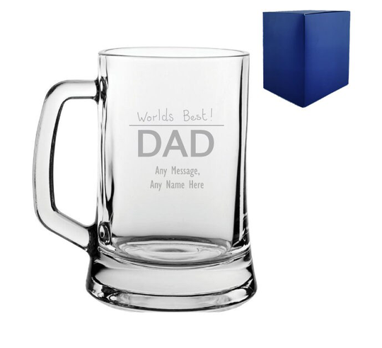 Engraved Personalised World's Best Dad Tankard Beer Mug Glass & Gift Box , Father's Day Birthday Christmas Cocktail Cider