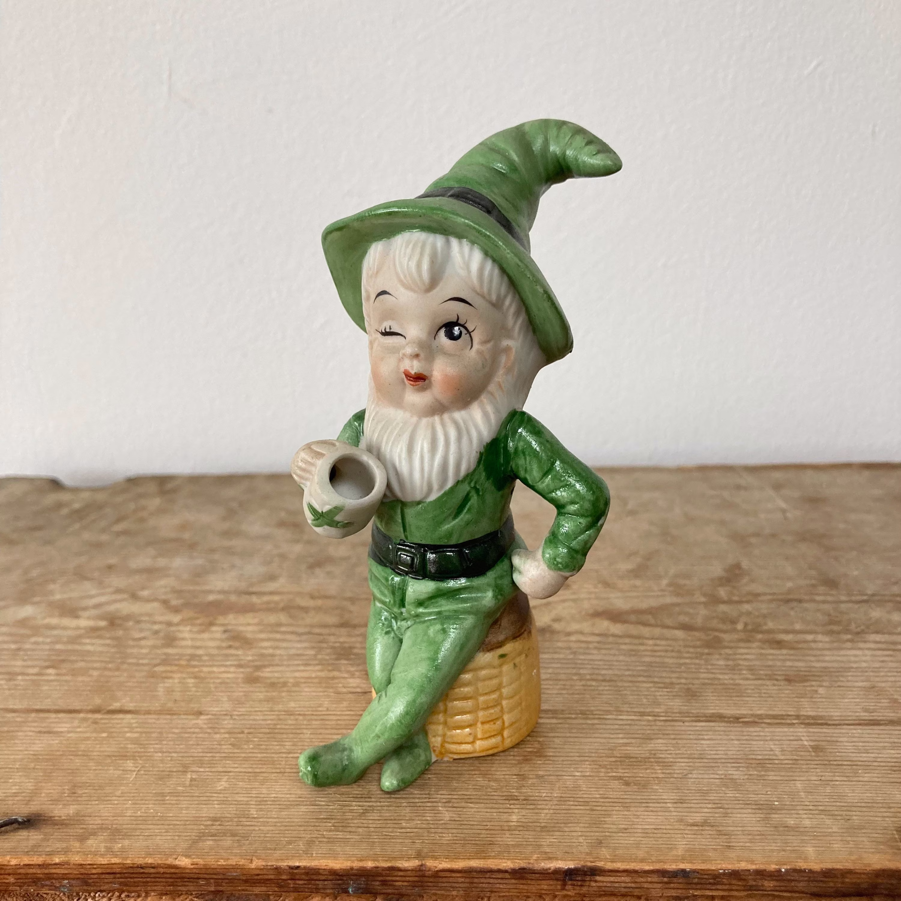 Cute Vintage Winking Leprechaun, Pixie Figurine, Bisque Green Suit & Beer Mug