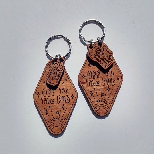 Off To The Pub Keychain With 2 Charm Choices, Text Engraved On Back - Made 100% Cherry